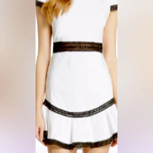 Aqua  white black lace trim loose fur A line mini dress